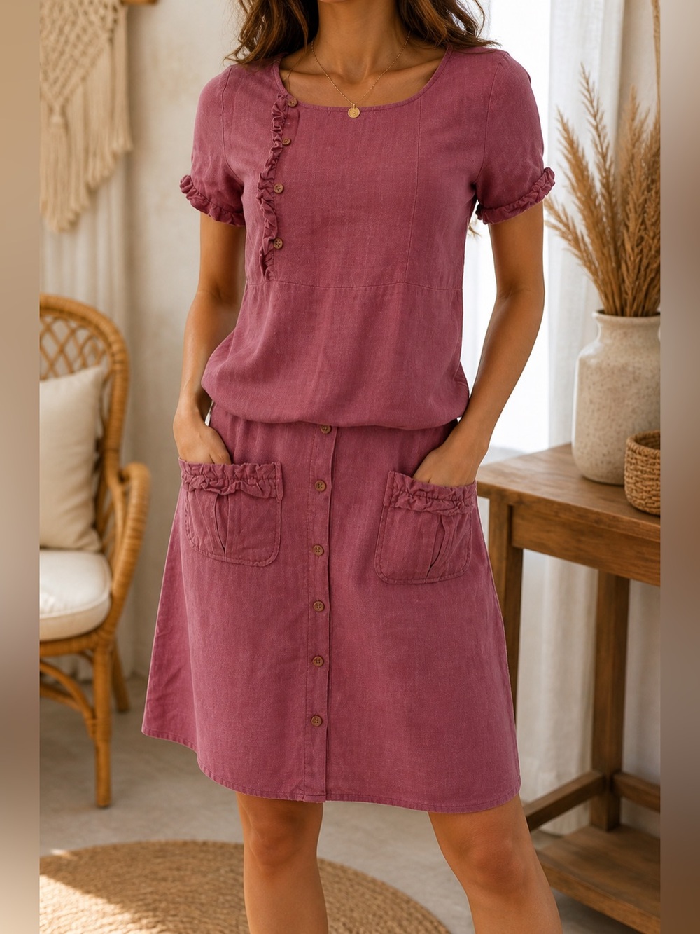 Vintage Hidden Alley Pink Linen Skirt & Shirt Set Size S Small Ruffle Retro Boho